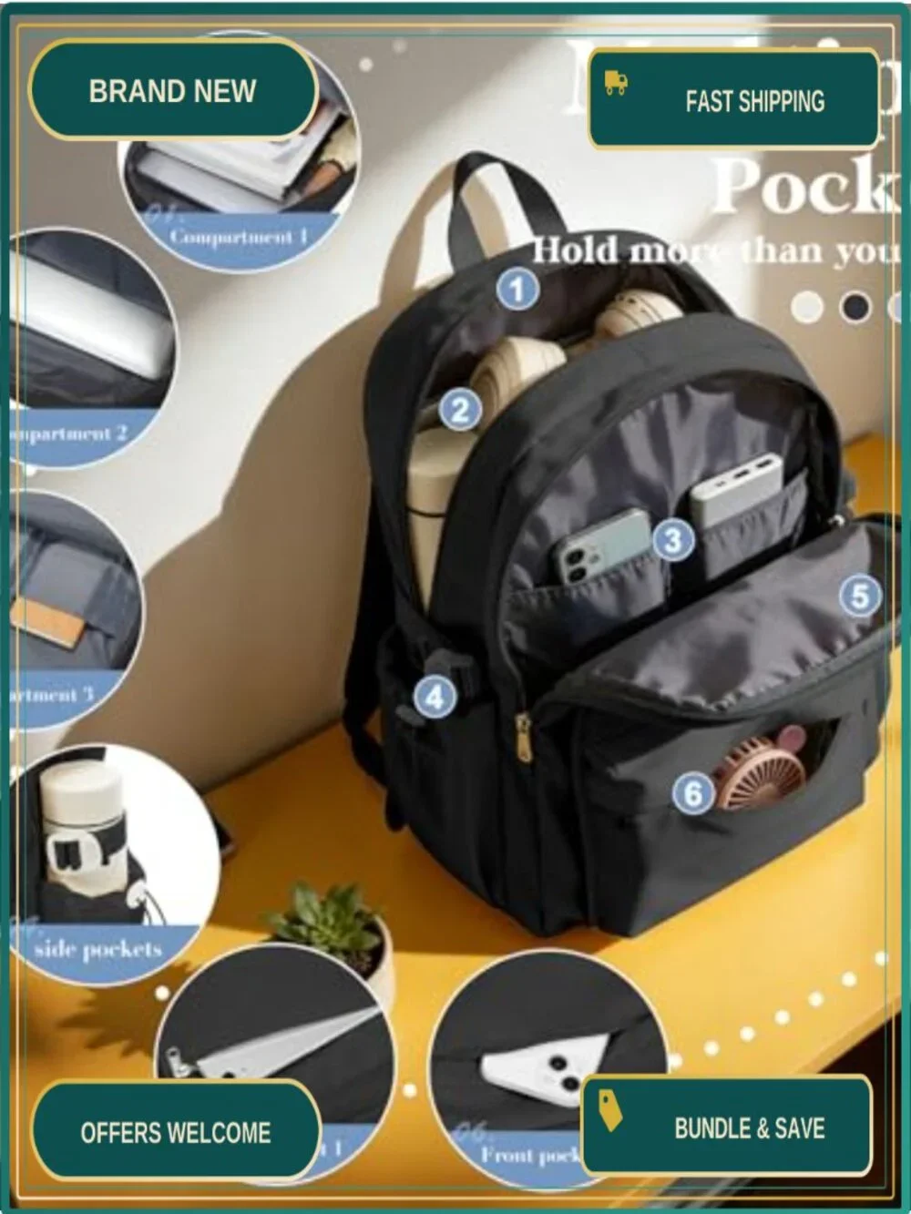 Water-Resistant Nylon Daypack Backpack with 5 Pockets for School Travel Work